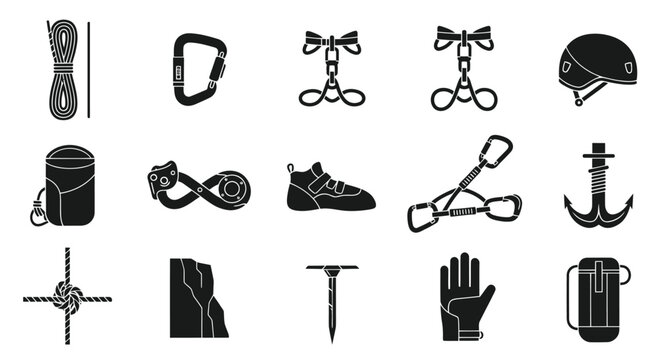 Climbing Gear Glyph Icons Set - Black  White Vector Illustration