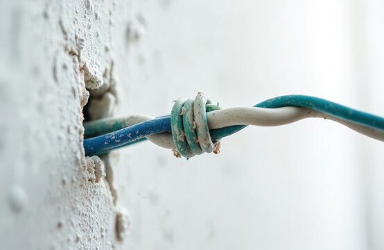 Electric wires knotted together emerging from a rough wall opening. Exposed blue and white cables show damage, hinting at electrical problems or repairs needed.