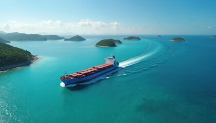 Naklejka premium Large cargo ship moves through clear blue ocean water. Container vessel sails past small green islands under bright sunny sky. Maritime transport travels globally, carrying goods.