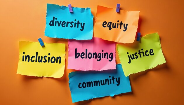Colorful notes display diversity equity inclusion belonging justice community. Concepts for social awareness unity and teamwork. Background shows orange wall.