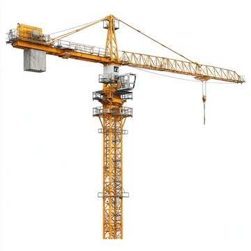 Yellow tower crane isolated on white, construction lifting equipment with hook, industrial building site machinery detail
