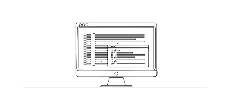 Software Development Concept. Minimalistic one-line drawing monitor with simple code editor window and layered code lines, continuous single black line on