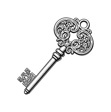 An antique Victorian skeleton key with intricate decorative engravings on the bow and shaft, isolated in minimal composition, black and white