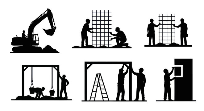 Construction worker icons: excavator, builders, framing, window installation