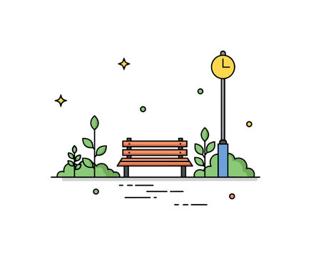 Peaceful park detail a tiny bench with simple greenery arranged in a calm balanced layout. The illustration expresses stillness and gentle outdoor atmosphere,