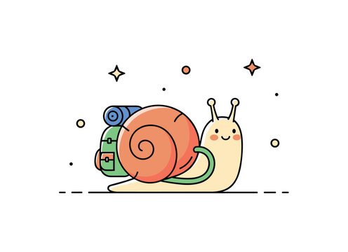 Cute snail wanderer a small snail carrying a backpack with a gentle smile and simple decorative dots around. The scene conveys calm curiosity and light