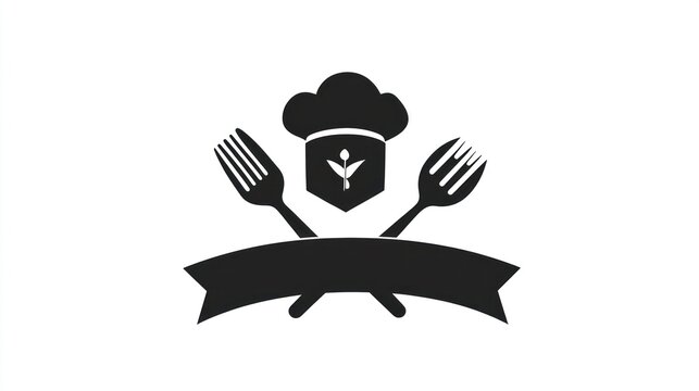 Culinary art logo chef hat & cutlery, blank banner for text. Food business use