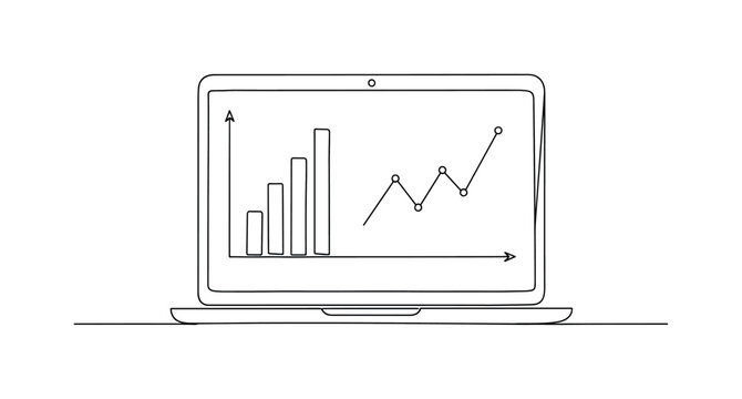 Data Analytics with Graphs. Minimalistic one-line drawing laptop screen displaying bar chart and smooth line graph overlay, continuous single black line on