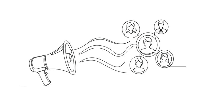 Brand Awareness Campaign. Minimalistic one-line drawing megaphone projecting smooth curved lines toward user profile icons, continuous single black line on