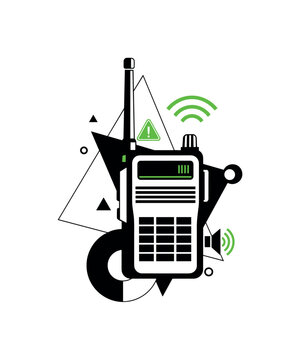 retro walkie-talkie with bold geometric shapes and icons, monochrome device paired with triangles and circular forms, icons like radio waves and alert signs