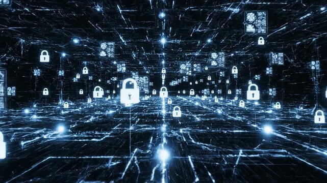 Digital network security concept with glowing blue locks and icons on black background 4k video