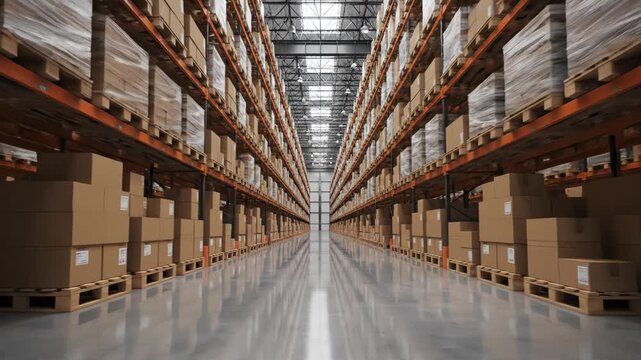 Large warehouse storage facility with rows of shelved cardboard boxes and pallets 4k video