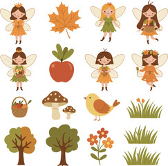 Obraz premium Autumn fairy tale characters and seasonal foliage illustrations