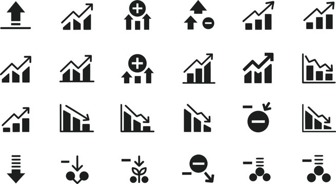 Business growth and finance icons: upward trends, downward trends, data analysis, upward trend, arrow up