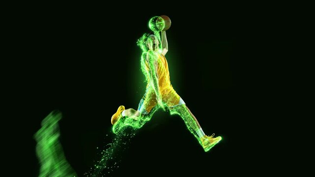 Basketball player performing powerful dunk with glowing green motion effect on dark background. Concept of loop animation, energy performance, innovation and digital transformation in sports.