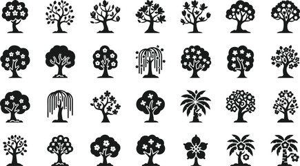 Obraz premium Collection of simple black tree icons and symbols for nature, growth, and seasons, tree line, tree types