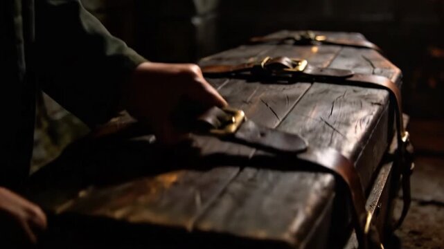 Hand touching an old wooden box with leather straps and brass buckles in dim light, suitable for historical, antique, mystery, storage, and adventure content.