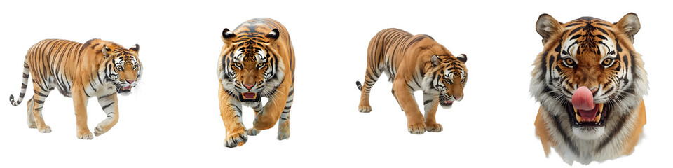 Obraz premium Bengal tigers in various poses on black background, isolated set of clip art illustrations