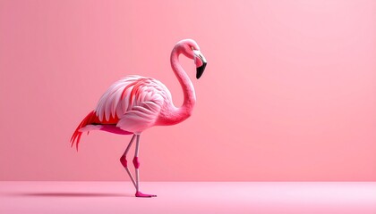 Fototapeta premium Elegant flamingo stands gracefully against a soft pink backdrop.