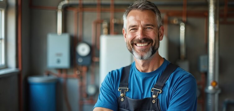 Experienced plumber with grey beard smiles. He wears blue shirt and dungarees. Work area shows pipes and water heater. Pro man ready for job.