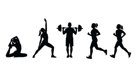 Fototapeta premium Fitness Silhouettes: Yoga, Weightlifting, Running, Workout Icons