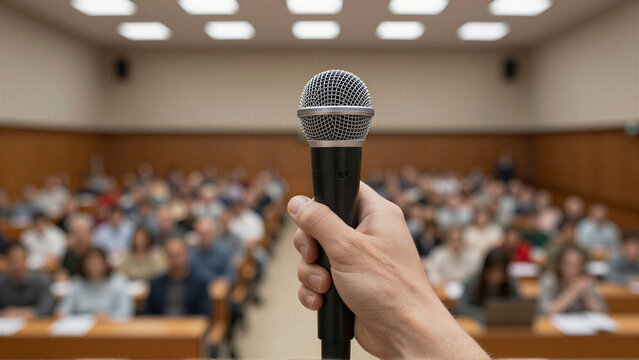 A close-up view of a hand holding a microphone, ready for a presentation. A blurred audience is visible, attending a professional conference or educational lecture, emphasizing public spe