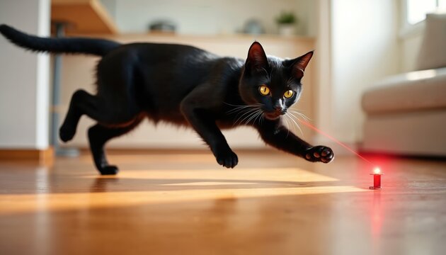 Black cat leaps to catch red laser dot on polished floor. Energetic feline plays with light beam in cozy room. Pet activity indoors with happy cat.