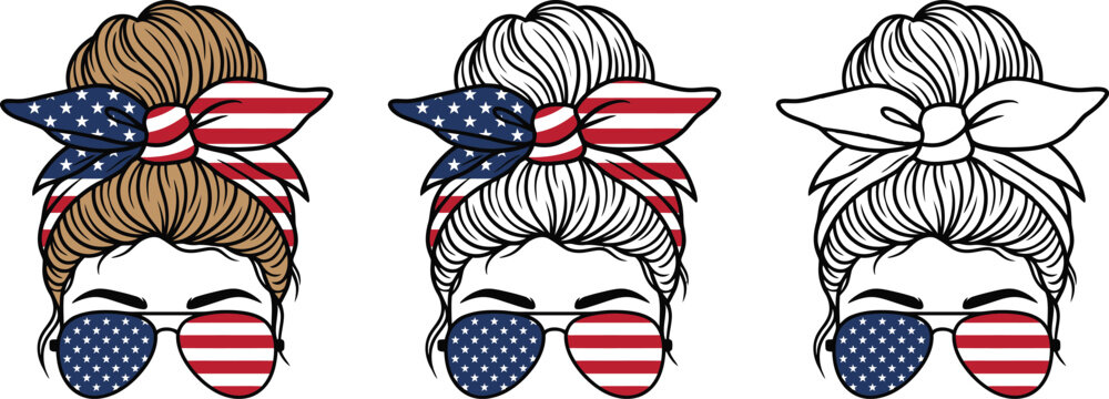 Vector illustrations of womens heads with patriotic accessories and sunglasses