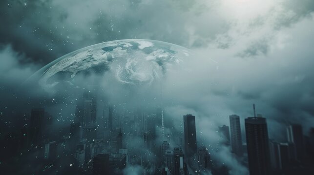 Conceptual cityscape and planet veiled in dramatic mist and clouds