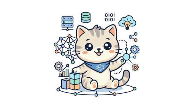 Cute Cartoon Cat Exploring Data and Technology