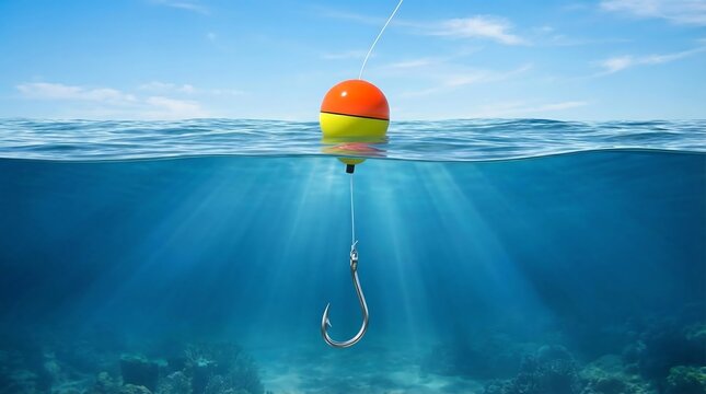 Fishing bobber and hook in the ocean, Split view of a fishing float on water, Underwater view of a fish hook and line