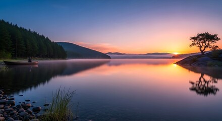 Obraz premium Lone person fishing in a wooden boat on a calm lake at sunrise with misty mountains and a solitary tree