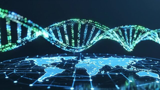 Global Gene Mapping Animation Showing Digital DNA Strand Above World Map Illustrating Genetic Research