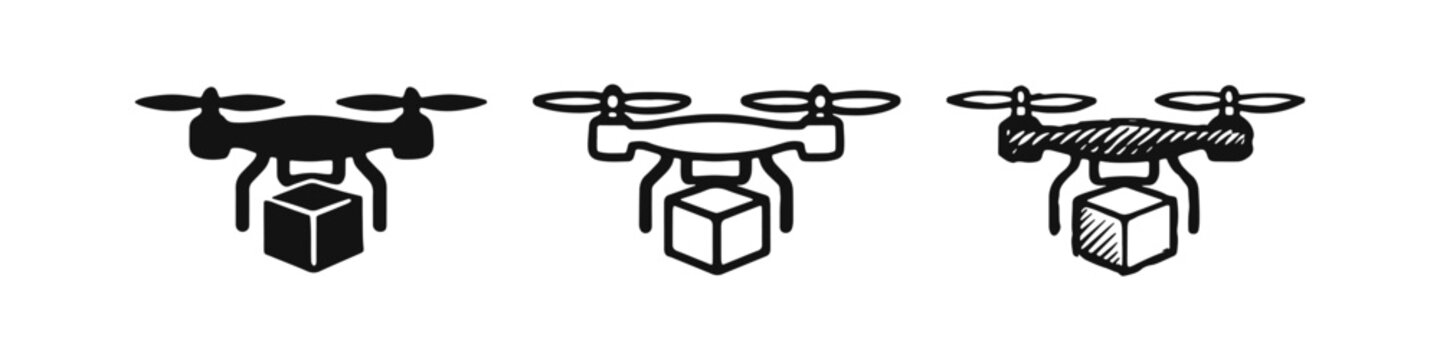 Drone delivery service icons set. UAV carrying package symbols in solid, outline and doodle style.