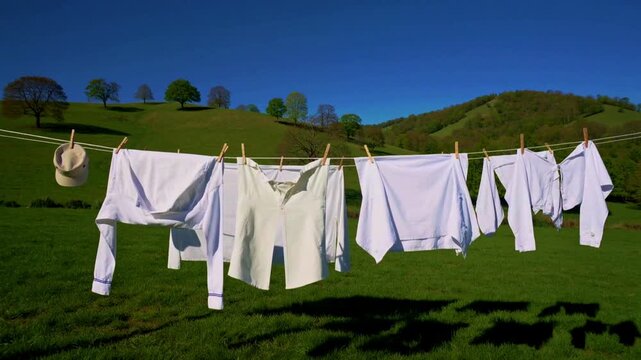 Clothesline with white laundry pegs and flapping sheets outdoors, sunny summer yard background with clear blue sky and green grass for lifestyle