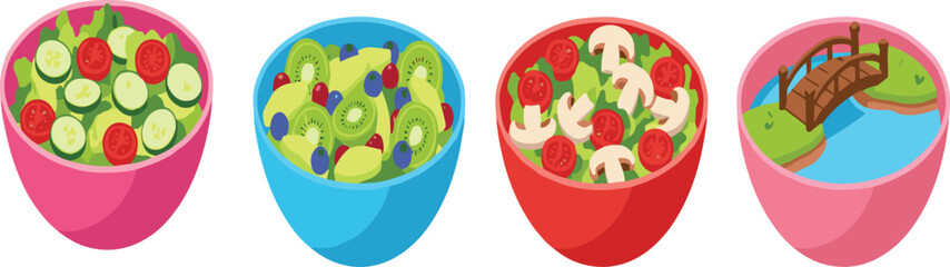 Fototapeta premium Healthy salad and fruit bowl set with whimsical miniature bridge landscape isometric flat vector