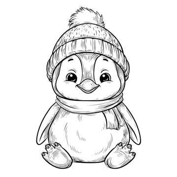 Cute baby penguin wearing a winter hat coloring page.