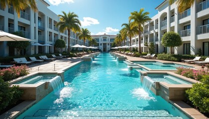 Fototapeta premium Expansive resort pool with cascading waterfalls and rich plants. Lounge chairs and umbrellas offer comfort next to sparkling blue water. Palm trees sway under a bright sunny sky.