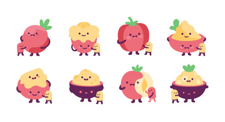 Fototapeta premium Cute Kawaii Food Characters with Little Helpers, Flat Design