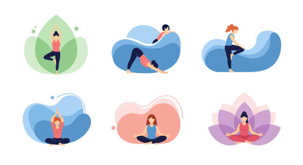 Fototapeta premium Flat illustration of women doing yoga poses with abstract shapes