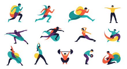 Fototapeta premium Flat Style Sport and Fitness Icons - Diverse People Exercising
