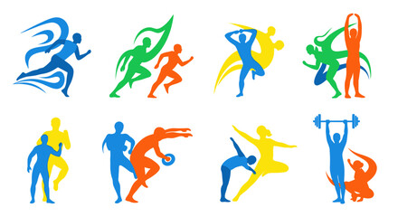 Fototapeta premium Sports icons of athletes in motion, abstract flat style vector set