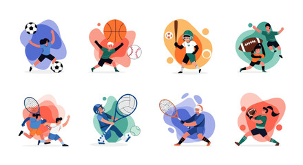 Fototapeta premium Diverse Sports Activities: Kids Playing Soccer, Basketball, Baseball, Football, Tennis
