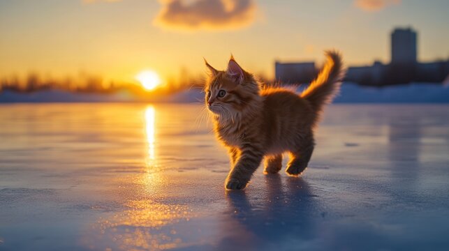 Cute kitten running on frozen lake at sunset. Possible use Children's book, greeting card, social media post