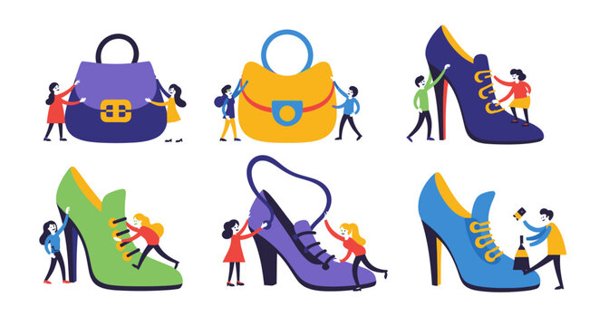 Flat illustration of tiny people with fashion shoes and bags