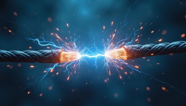 Two bare wires touch creating bright electric spark and energy arc. Blue lightning flashes, orange sparks fly creating dangerous electrical discharge in darkness.