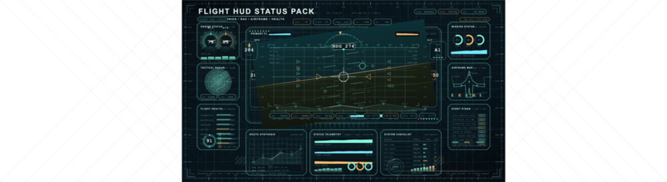 Futuristic flight HUD status dashboard with avionics telemetry, navigation guidance, radar modules, airframe analytics, and cockpit monitoring panels in a dark aerospace interface.