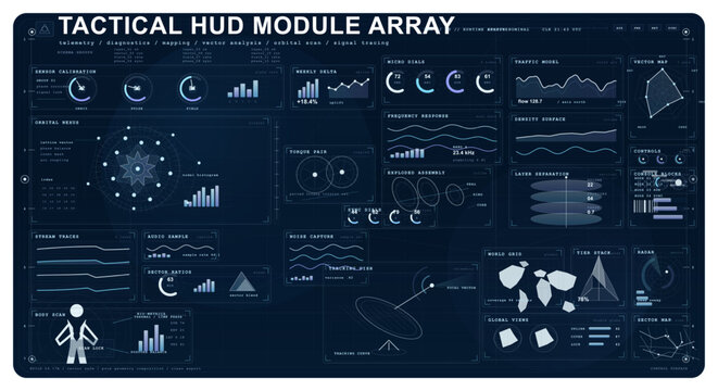 Futuristic tactical HUD module array with telemetry panels, radar maps, signal charts, calibration widgets, and dark sci-fi monitoring interfaces for diagnostics and data control.