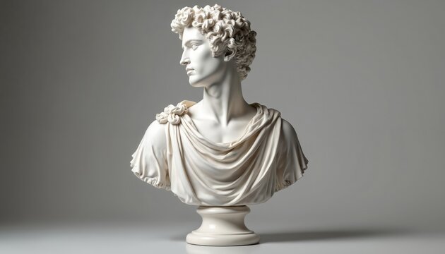 Classical white marble bust of a man with curly hair. He wears a draped garment with fabric folds. Sculpture set on pedestal against neutral grey studio background with soft light.