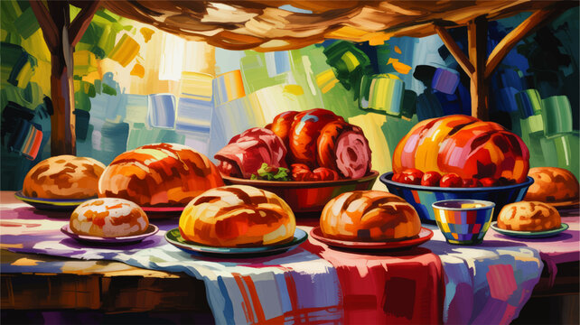 Colorful festive feast illustration with roasted meat, bread loaves and pastries on rustic outdoor table, vibrant impressionist painting